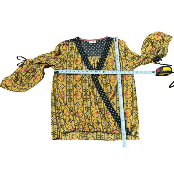 Skylar Jade Womens Blouse Size M Boho Style Yellow Black Floral Print Wrap - Picture 4 of 9